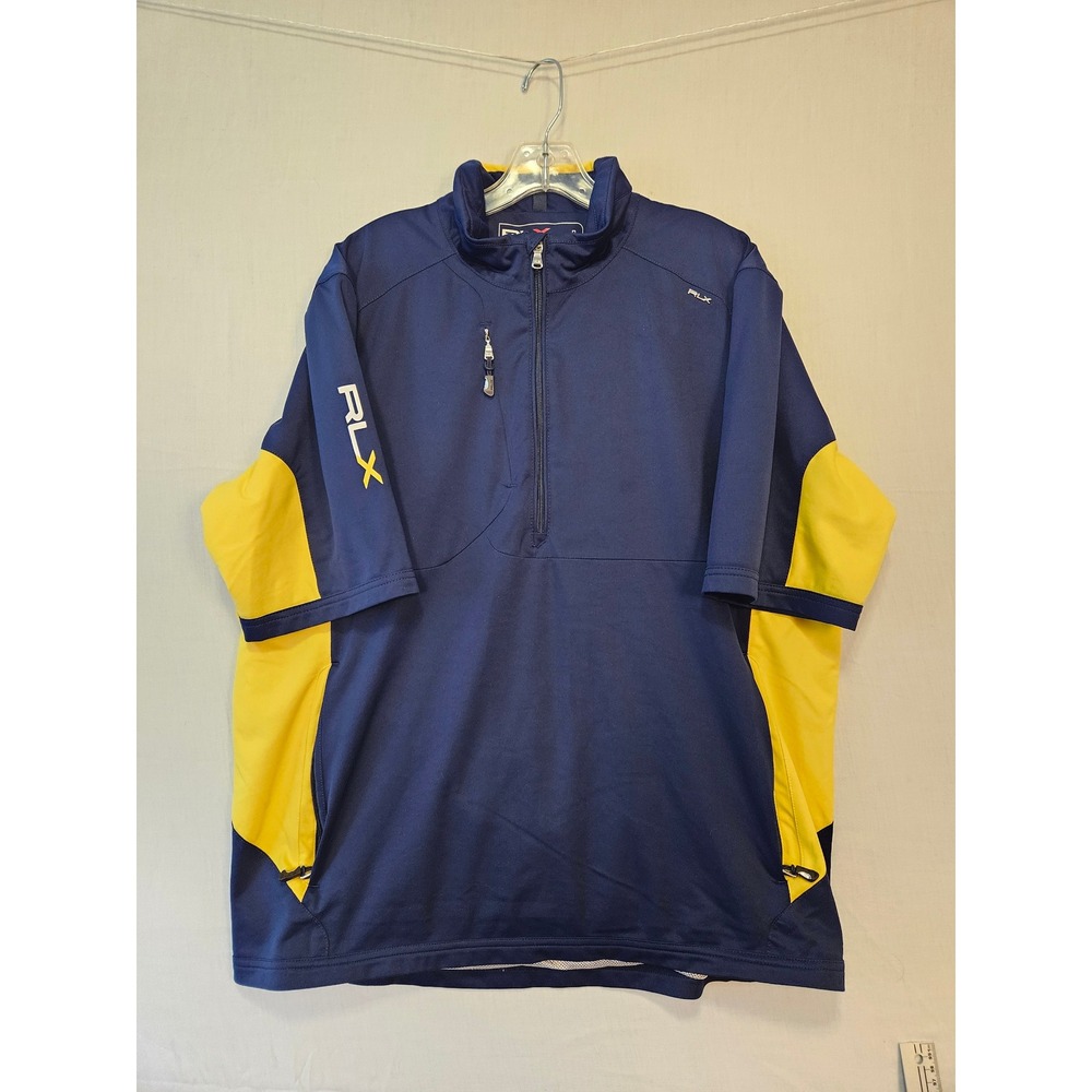 RLX Ralph Lauren Mens Large Navy Yellow Quarter Zip Short Sleeve Windbreaker